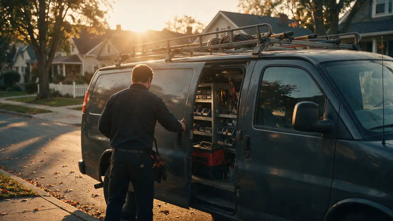 A technician lifting tool bags from a work van at dawn, heading for the front door as the page scrolls