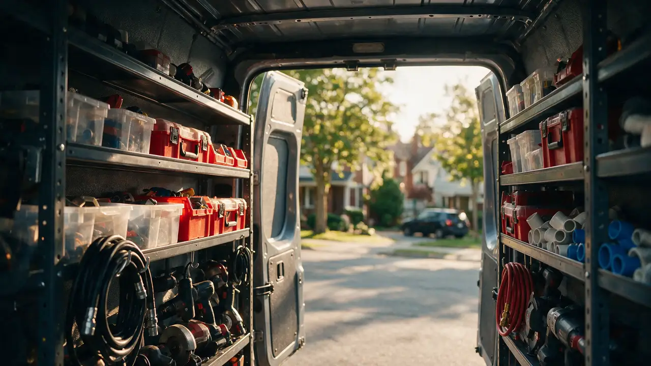 Inside a fully stocked service van, gliding past organized shelves toward the open doors and the neighborhood beyond as the page scrolls